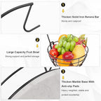 Livabber Countertop Fruit Basket Bowl with Banana Hanger, Modern Standing Fruit Vegetable Bowl Storage, with Banana Tree Holder for Kitchen Dinning Table (Round Marble, Black)