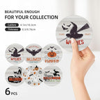 6 PCS Halloween Coasters with Metal Holder and Cork Base Ceramic Drink Coasters Absorbent Cup Mat Non-Slip for Home Kitchen Office Table Decor, 4 Inch Halloween 1
