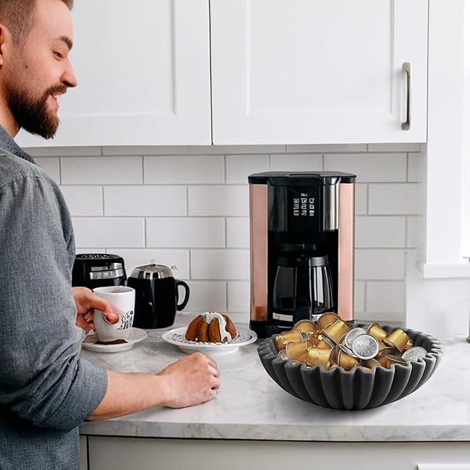 Large Decorative Bowl, Modern Handicraft Bowls for Home Decor, Decorative Fruit Bowl for Kitchen, Ruffle Bowl Decor, Stylish Key bowl for Entry Table, Artificial Stone Black