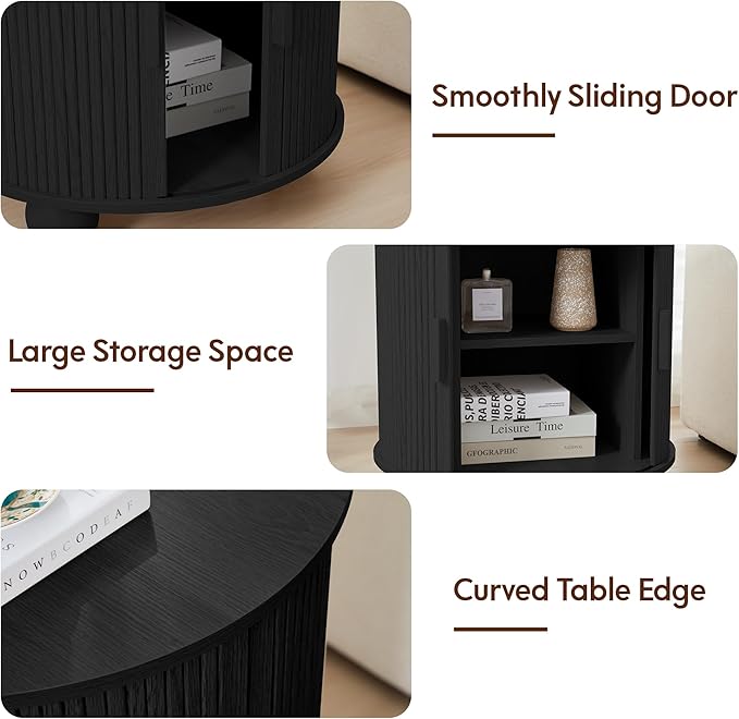 AVZEAR 24" Large Round End Table with Charging Station, Farmhouse Fluted Sofa Side Table with Sliding Tambour Door & Storage, Mid-Century Wood Nightstand for Living Room, Bedroom, Black