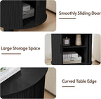 AVZEAR 24" Large Round End Table with Charging Station, Farmhouse Fluted Sofa Side Table with Sliding Tambour Door & Storage, Mid-Century Wood Nightstand for Living Room, Bedroom, Black