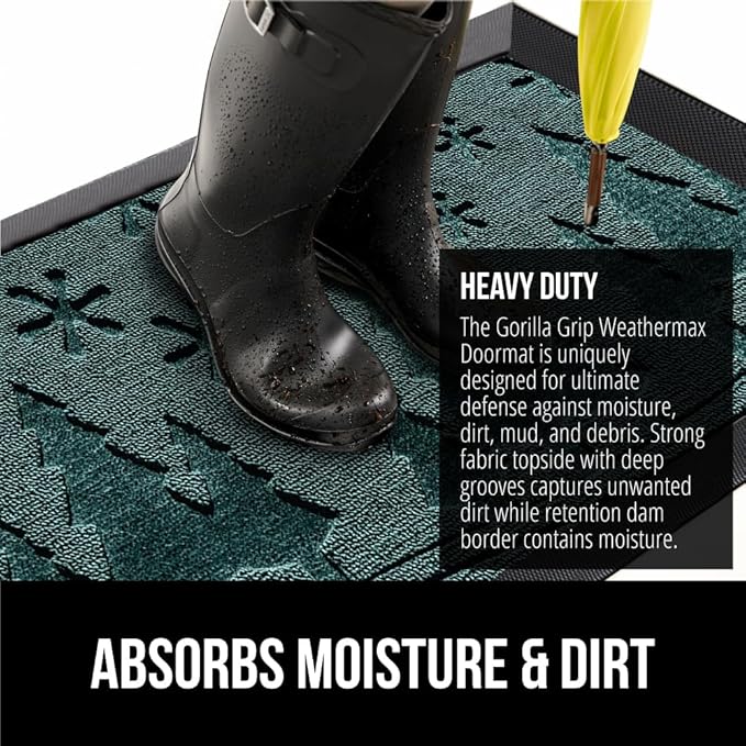 GORILLA GRIP 100% Waterproof All-Season WeatherMax Doormat 35x23, US Designed Natural Rubber, Stain and Fade Resistant, Low Profile Indoor Outdoor Door Mats, Easy Clean Patio Mat, Green Snowscape