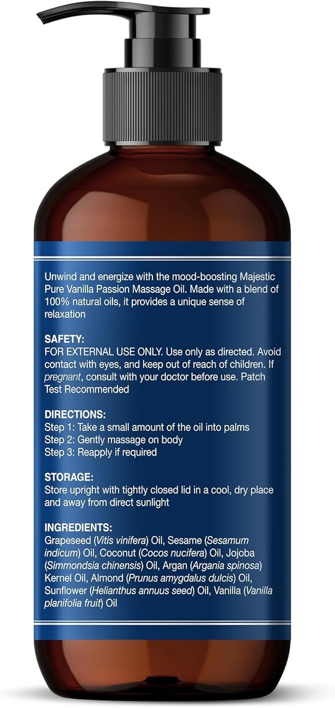 MAJESTIC PURE Vanilla Passion Massage Oil for Massage Therapy - Refreshing, and Relaxing - Natural Oils with Vanilla Oil, Coffee Oil & Shea Butter - for All Skin Types - Men and Women - 8 fl oz