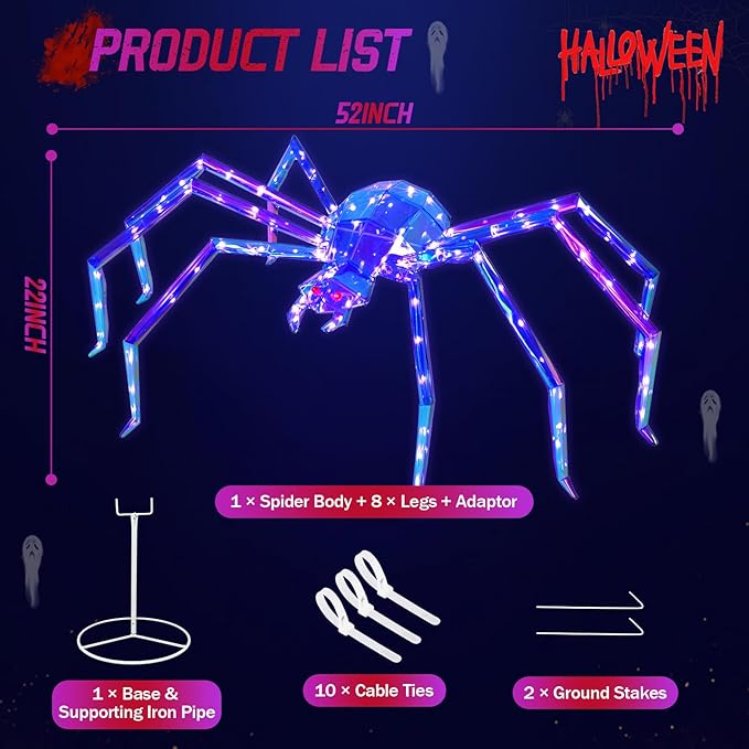 Prismatic Iridescent Giant Spider, 52" Pre-lit Large Outdoor Scary Prismatic Spider Decorations for Halloween 140 LED Light Up Giant Spider Outdoor Halloween Decorations for Garden, Yard, Porch