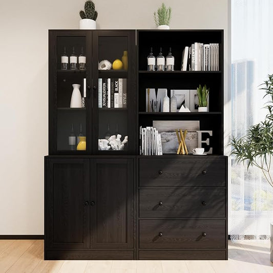 TUSY 71" Bookshelf Bookcase, 3-Tier Modern Bookshelves 3 Large Drawer, Wood Filing Cabinet with Open Storage Shelf, Glass Doors 5-Tier Fixed Storage Shelves for Home Office (Black)