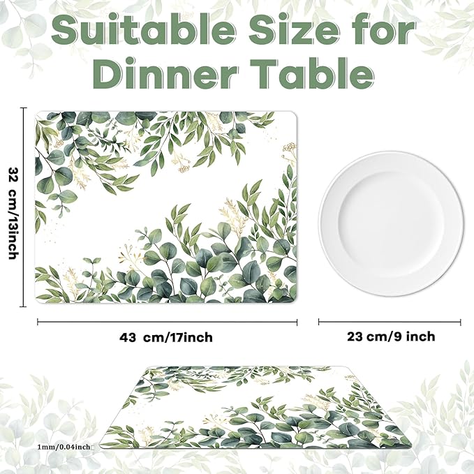 Eucalyptus Leaves Placemat Set of 6 Seasonal Summer Plastic Table Mats Spring Green Leaves Themed Place Mats Rustic Vintage Table Decoration for Indoor Outdoor Party Kitchen Dining