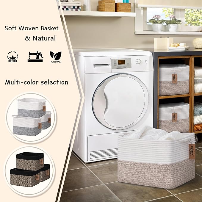 COMFY-HOMI 3-Pack Cotton Rope Woven Basket with Handles for Shelves, Books, Toys, Cloth Storage|Towel Storage|Nursery Baby Basket - 13.5" x 11" x 9.5" for Living Room (White/Brown)