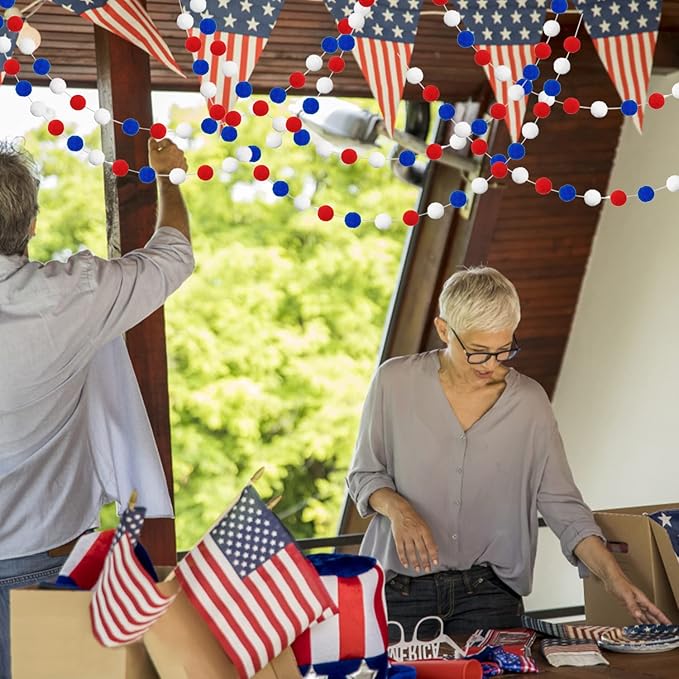 Jishi Pom Pom Garland 4th of July Decorations, Patriotic Red White Blue Felt Ball Garland, 3-Pack 6.6ft Long 24 Cute Pompom Balls String, Christmas Tree Decor Ornaments for Home Birthday Holiday Party
