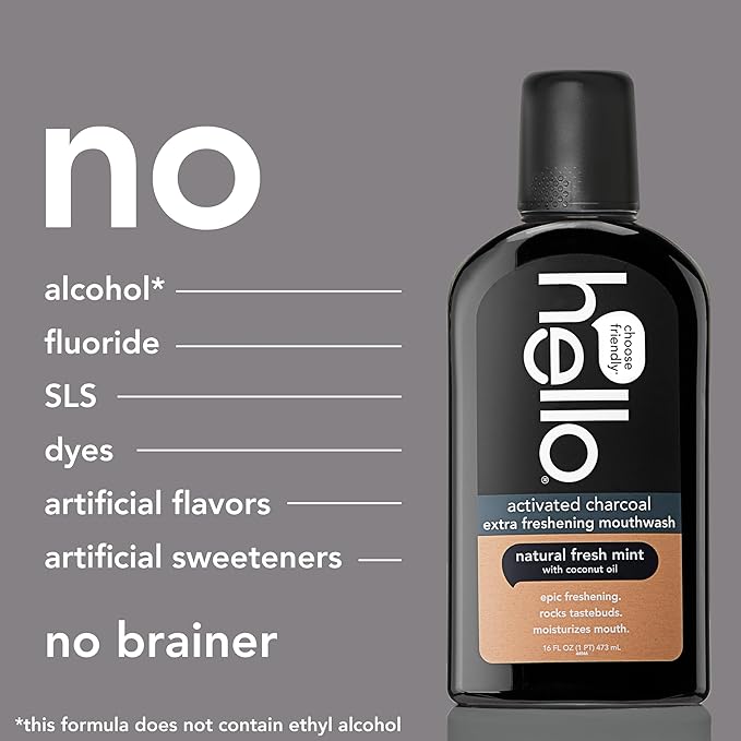 Hello Activated Charcoal Extra Freshening Mouthwash, Natural Fresh Mint and Coconut Oil, Fluoride Free, Alcohol Free, Vegan, SLS Free and Gluten Free, 16 Fl Oz (Pack of 3)