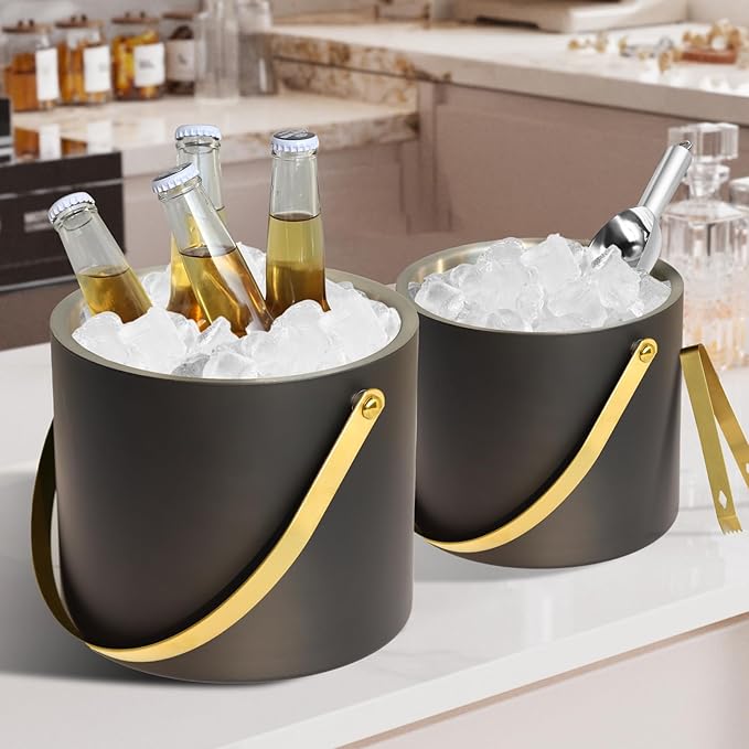 2L Ice Bucket with Silicone Lid, Scoop, Gold Tongs & Strainer, Stainless Steel Double Wall Insulated Ice Buckets for Parties & Cocktail Bar Outdoor Champagne Ice Container Bin, Black
