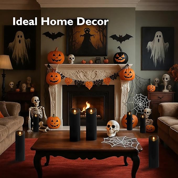 Homemory 4"x12" Black Flameless Candles, Halloween Candles, Outdoor Waterproof Flameless Candles with Remote and Timers, Gothic, Battery Operated LED Pillar Candles, Won't Melt Plastic, 2Pack