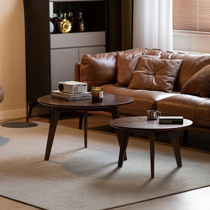 100% Solid Oak Wood Coffee Table Set, Round Coffee Table Combo Side Table w/Solid Wood Legs, Mid Century Table Sturdy Tables for Bedroom Balcony Living Room (Walnut, 3 Pieces)