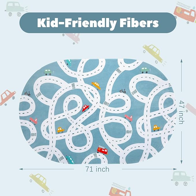 STARUIA Large Kids Playroom Rug, 4'x6' Washable Road Rug for Nursery, Non-Slip Fun Area Rugs for Kids Room, Blue Car Rugs Play Mat Soft Baby Carpet for Boys Girls Dorm Toy Room Tent