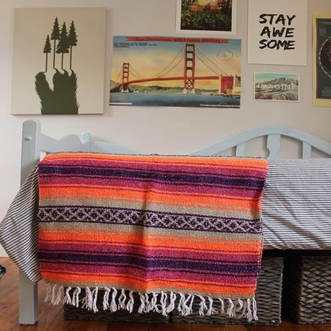Del Mex Classic Mexican Blanket, Large Authentic Woven Falsa Throw (70"x50"), Artisan Southwest Décor for Beach, Yoga, Outdoors (Pink/Orange)