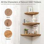 Corner Shelves, Floating Corner Shelf, Set of 2 Solid Oak Wood Wall Shelves, Round End Wall Mount with Wire Hole Shelving for Small Plant for Bedroom Kitchen, Living Room 8.7“