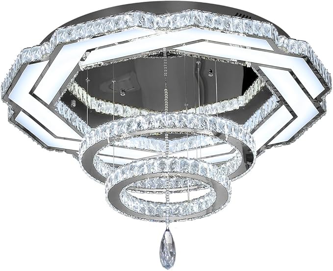 Flashing God Crystal Chandeliers Dia 32" Silver Elegant Chandelier Flush Mount Ceiling Light for Bedroom Living Room Dining Room Hallway Dimmable 3 Rings LED Celing Lighting Fixtures