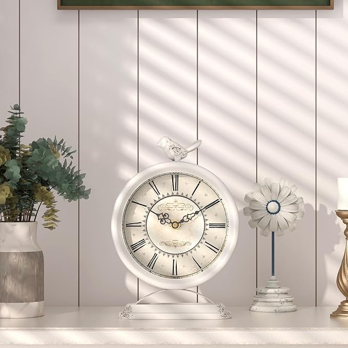 Vintage Table Clock with Bird, European Antique Style White Mantel Clocks, Desk and Shelf Decor Clock, for Farmhouse, Bedside, Living Room, Bedroom, Gift (9" H x 6.5" W)