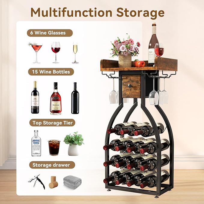 IBUYKE Wine Rack Freestanding Floor,Wine Storage 15 Bottles Bottle Rack with Glass Holders, Mini Bar Wine Cabinet with Storage Drawer for Home Bar Kitchen Dining Room,Rustic Brown,UTMJ908H
