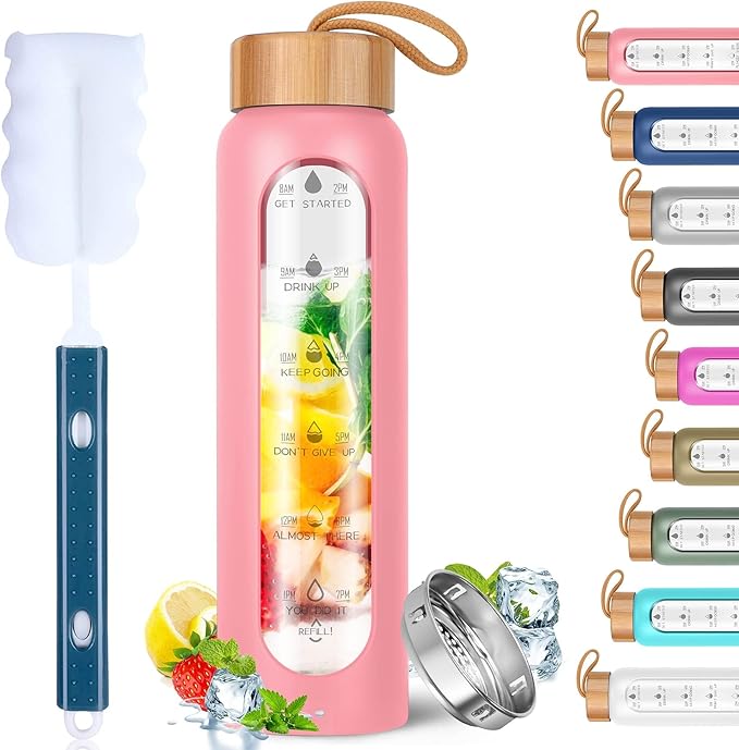 Aqulea Glass Water Bottles 25 Oz with Silicone Sleeve - BPA Free Reusable Wide Mouth Glass Motivational Water Bottles with Fruit Infuser – Leak Proof Borosilicate Water Bottle with Time Marker (Pink)
