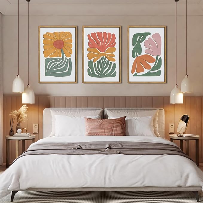 Large Abstract Boho Floral Wall Art Set Colorful Botanical Wood Wall Decor Modern Mid Century Artwork Neutral Bohemian Art Decor for Living Room Bedroom Office-16x24Inch x3