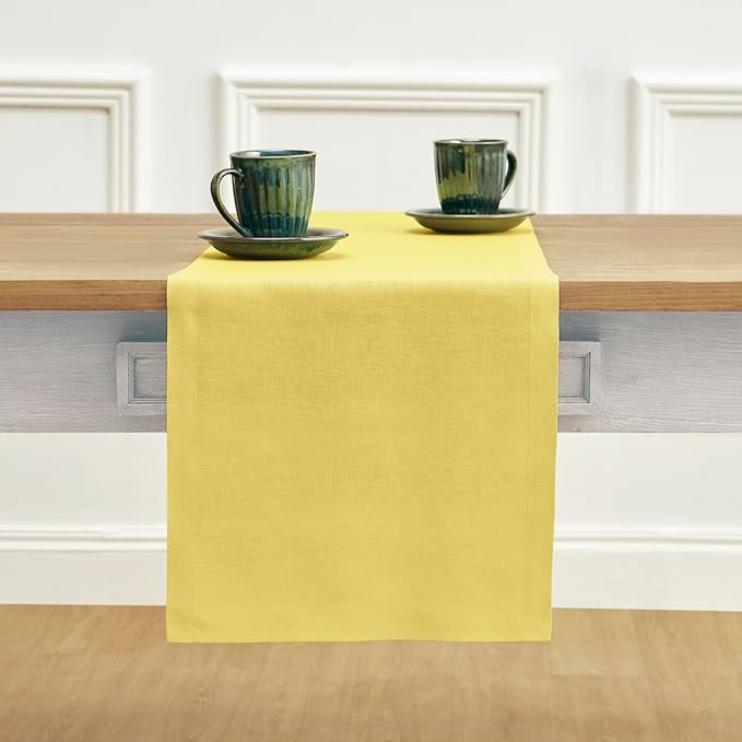 Solino Home Linen Table Runner 108 Inches Long - 100% Pure Linen Sunshine Yellow Dining Table Runner 14 x 108 Inch - Fete
