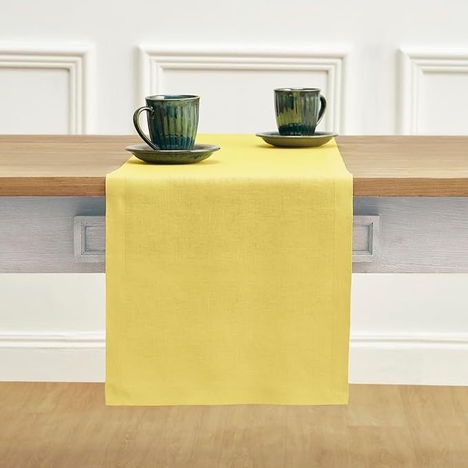 Solino Home Linen Sunshine Yellow Table Runner 120 Inches Long - 100% Pure Linen 14 x 120 Inch Table Runner - Fete