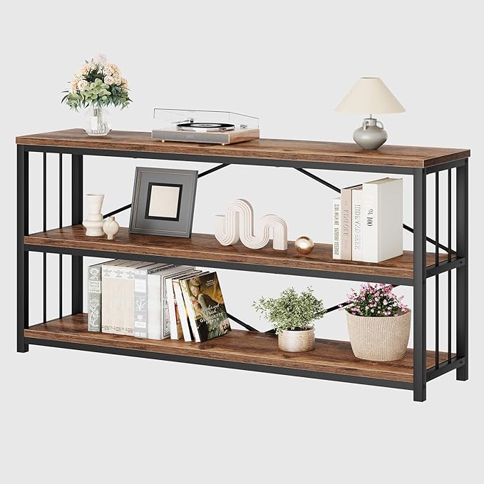 LVB Rustic Entryway Table, Industrial Extra Long Hallway Sofa Table, Wood Metal Narrow Console Table with Storage Shelf, Modern Skinny Couch Table for Foyer Living Room Bedroom, Rustic Brown, 70 Inch