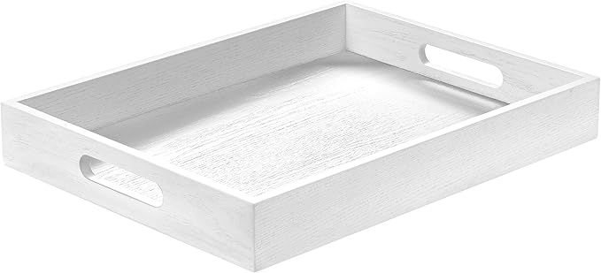 Wood Serving Tray with Handles, Home Decorative Wooden Rectangle Ottoman Decor Platter Vanity Tray for Breakfast Dinner Drinks Kitchen Dining Living Bathroom Restaurants White