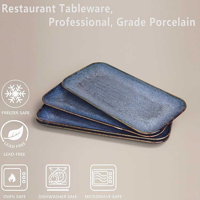 Ceramic Dinner Plates Dish Set,Set of 4, for Lunch snacks - Microwave, Oven & Dishwasher Safe,Scratch Resistant, Dinnerware Kitchen Porcelain Serving Dishes,Blue 12.4 Inch Rectangle plate