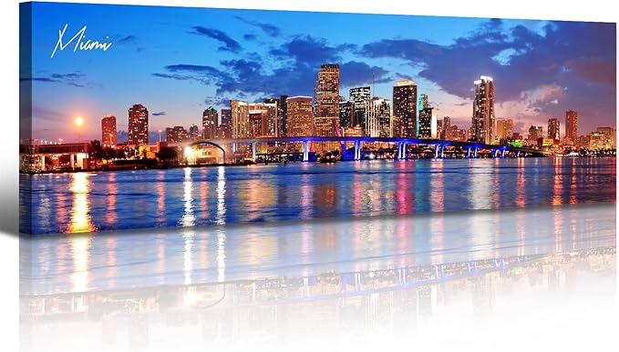 Office Wall Decor Miami Skyline Wall Art Panoramic Cityscape Picture Modern USA City Night View Canvas Prints for Bedroom Living Room Home Decoration Stretched and Framed Ready to Hang 13.8"x45.3"