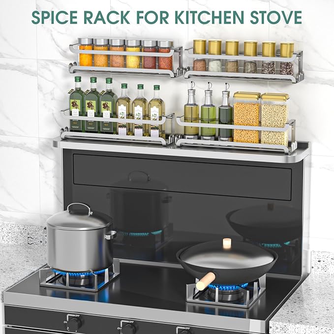 LUCYCAZ 4 Pack Wall Mounted Spice Rack with 16 Hooks, Spice Organizer Shelf for Stove Cabinet Pantry Door,Screw or Adhesive Spice Shelf Hanging Wall Spice Rack in Kitchen and RV (Silver, 4 PACK)