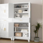 71 "Farmhouse Metal Filing Cabinet with a Drawer and 4 Adjustable Shelves, with 4 Large barn Door White Kitchen Cabinets, Metal Food Cabinets for Home, Kitchen, Dining/Living Room (White)
