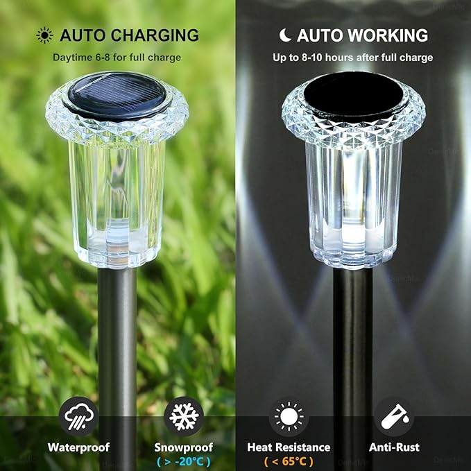 DenicMic Solar Lights Outdoor 10 Pack Waterproof 6000K Cold White LED Stainless Steel Stake for Pathway Yard Garden Driveway Solar Powered Outside Decor