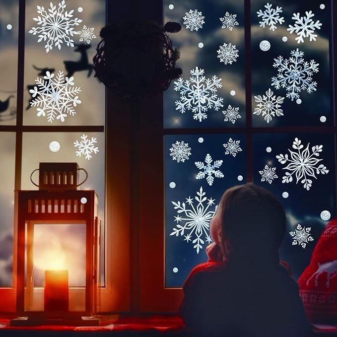 DC-BEAUTIFUL 318 Pcs Christmas Snowflakes Clings Decoration Set, White Christmas Theme Window Stickers, Winter Snow Flakes Clings Party Decal (12 Sheets)