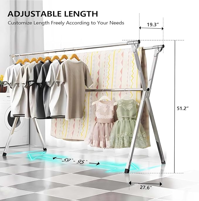 URYAN 95 Inches Clothes Drying Rack, Heavy Duty Stainless Steel Laundry Drying Rack Folding Indoor Outdoor, Portable Drying Rack Clothing, Blanket Rack Clothesline with 20 Windproof Hooks