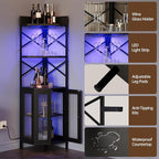 Corner Bar Cabinet with Power Outlet, 5-Tier Corner Wine Cabinet with Led Strip and Glass Holder, Industrial Tall Liquor Cabinet Bar Wine Rack for Home，Black