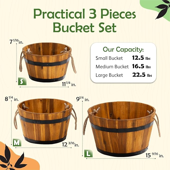 IDZO Set of 3 Wooden Flower Boxes Outdoor, Durable Acacia Wood Barrel Planters for Outdoor Plants with Ergonomic Handles, Drainage Holes, Multiple Sizes Wood Bucket Planter for Home Décor