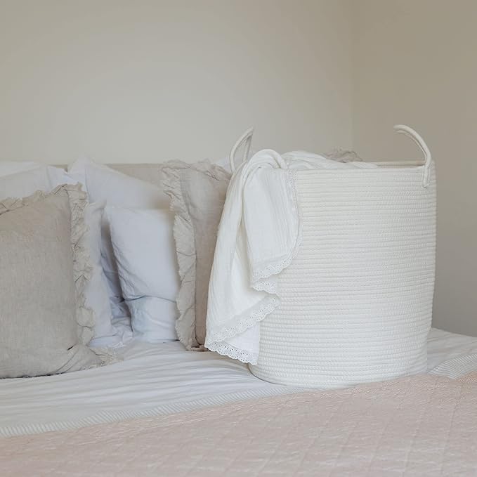 OrganiHaus White Laundry Basket 15x18, Cotton Rope Basket for Blankets, Tall Woven Baskets for Storage, Large Basket for Toys, Soft Blanket Holder Bin, Boho Blanket Basket for Living Room