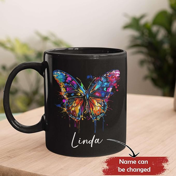 Customized Butterfly Mug, Themed Coffee Cup, Gift For Men Women, Personalized Name Butterfly Black Mug, Ceramic Cup 11oz 15oz, Lover Mug