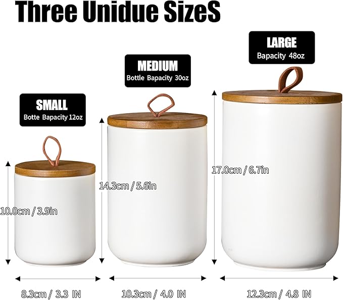 JOJUNO White Ceramic Canister Set with Wooden Lid, 3-Piece Airtight Food Storage Jars for Kitchen Counter - Flour, Sugar, Coffee, Tea, Spice - Small, Medium, Large Sizes