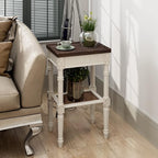 Rustic Farmhouse Cottagecore Accent End Table Set of 2, Distressed Accent Side Table with Espresso Tray Top and Woven Wicker Shelf, Boho, French Country Decor, Square, Weathered Brown & White