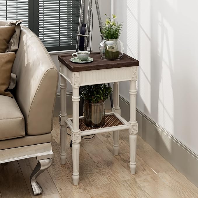 Rustic Farmhouse Cottagecore Accent End Table Set of 2, Distressed Accent Side Table with Espresso Tray Top and Woven Wicker Shelf, Boho, French Country Decor, Square, Weathered Brown & White