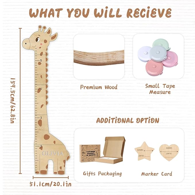 Personalized Name Kids Growth Chart for Wall, Cute Giraffe Wooden Growth Chart Kids Height Chart, Wall Measurement for Kids, Height Chart for Wall, Growth Ruler for Children