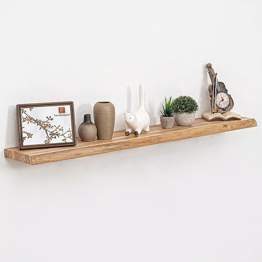 48 Inch Floating Shelves for Wall, Rustic Live Edge Elm Wood Shelf, Heavy-Duty Deep Floating Shelf for Home Decor, Wall Mounted Storage Shelves for Books, Bathroom, and Kitchen, Natural Finish