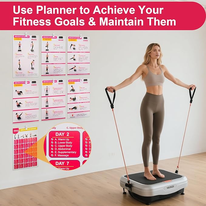 Vibration Plate Exercise Machine Poster - Upgraded 6 Workout Guidance & 10 Pcs Planner & 10 Pcs Double-Sided Clips, Comprehensive Whole Body Wave Vibrating Workout Chart, Pink