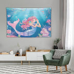 HZOHNAGO Mermaid Girls Tapestry Watercolor Flowers Mermaid Princess Blessing Pattern for Kids Room Decoration Printed Wall Tapestry Wall Hanging for Bedroom Living Room Dorm 90" W x 60" H