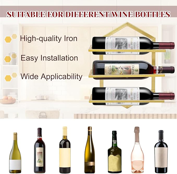 2Pcs Wall Mounted Wine Stemware Rack, Metal Hanging Wine Glass Display Holde Holds 3 Bottles, Elegant Storage for Kitchen Dining Room Bar Wine Cellar (Gold)