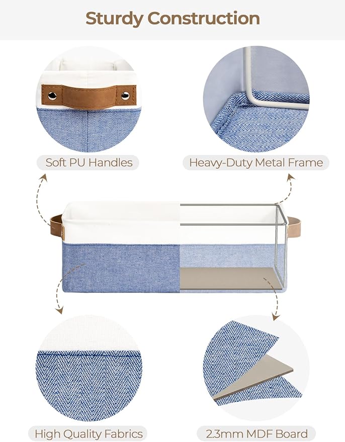 StorageWorks Narrow Storage Bins, Small Basket for Closet and Shelves, Fabric Organizer with Handles, Toilet Paper Storage, Blue and White, 2-Pack