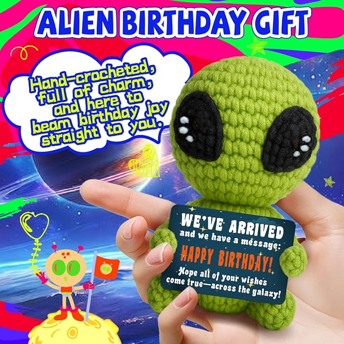 Cute Crochet Alien Plush Toy Unique Birthday Gift for Boys Girls Friends Man Women Handmade Alien Stuffed Animal Funny Space Theme Present for Kids, Teens Sci-Fi Fans