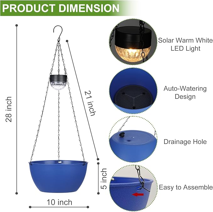 2 Packs Solar Hanging Basket Planters for Plants Outdoor, Self Watering Blue Flower Plants Pots with Solar Light Drainer for Balcony Patio Garden Outdoor Decoration